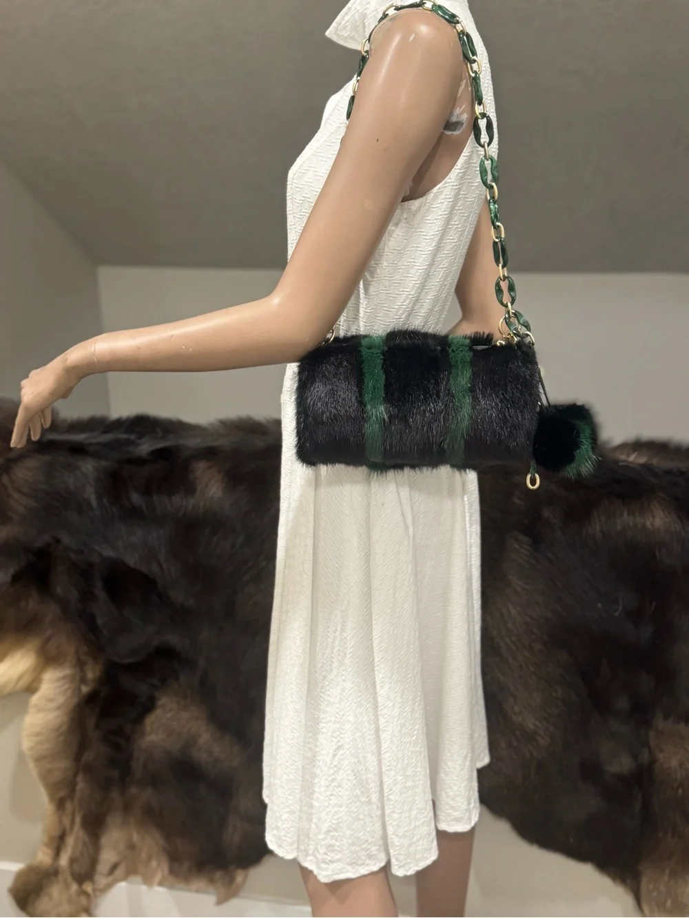 Colorblock Real Mink Fur Handcrafted Barrel Bag/Crossbody & Fur Ball Bag Charm